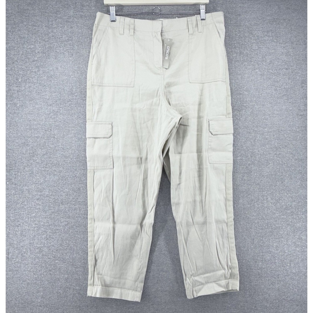 Chicos The Ultimate Fit Cargo Pants Women Size 2 Beige Crop Basic NEW